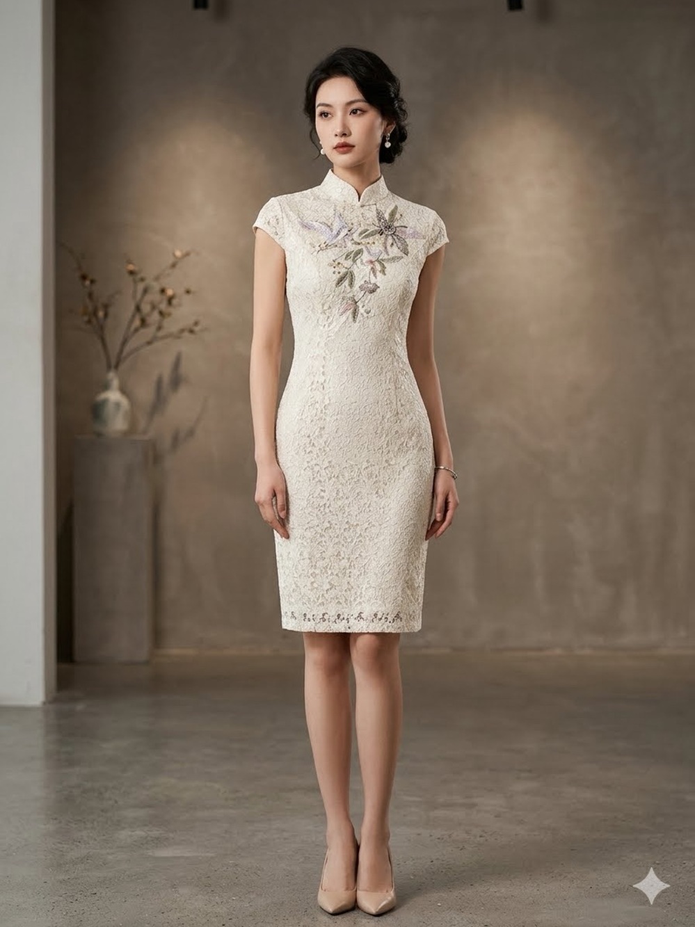 Ivory Lace Midi Cheongsam Dress with Floral Embroidery